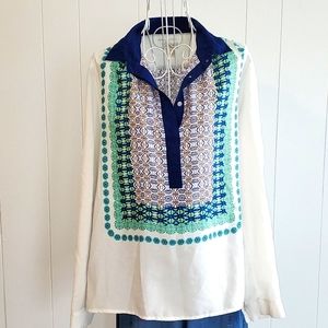 J Crew Symmetrical Floral Print Color Block Blouse Size S Half Button Down